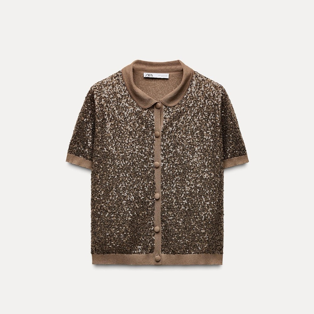 Zara Brown Sequin Short Sleeve Cardigan